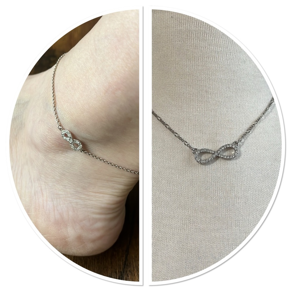 Lia Sophia Infinity Charm Necklace Anklet Set Silver Chain Rhinestones Clear